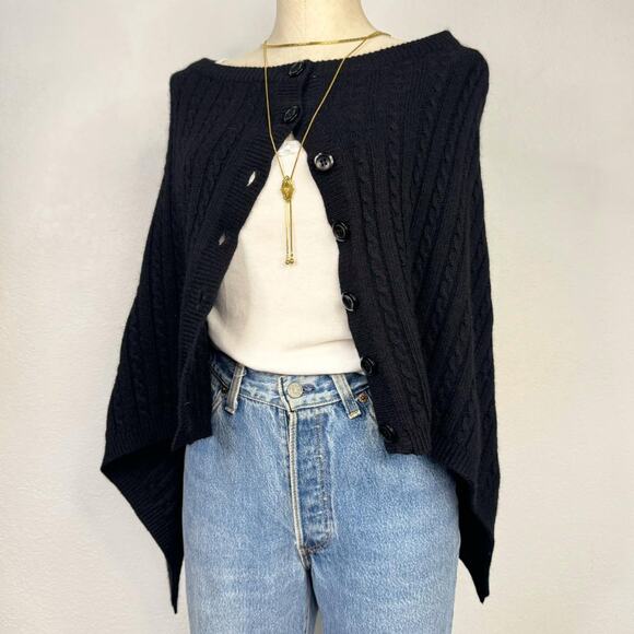 90s VINT Ralph Lauren Cable Knit Sweater Poncho Wrap Black Academia Minimalist - Picture 1 of 9